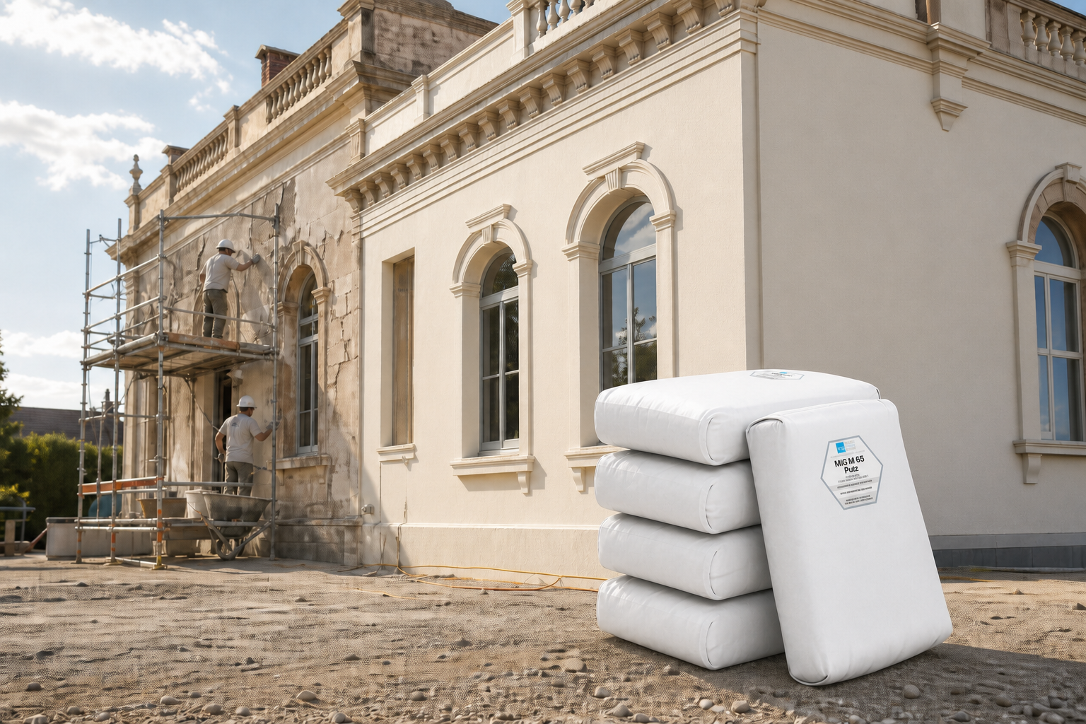 MIG Therm M65 plaster bags in front of a heritage building undergoing external renovation
