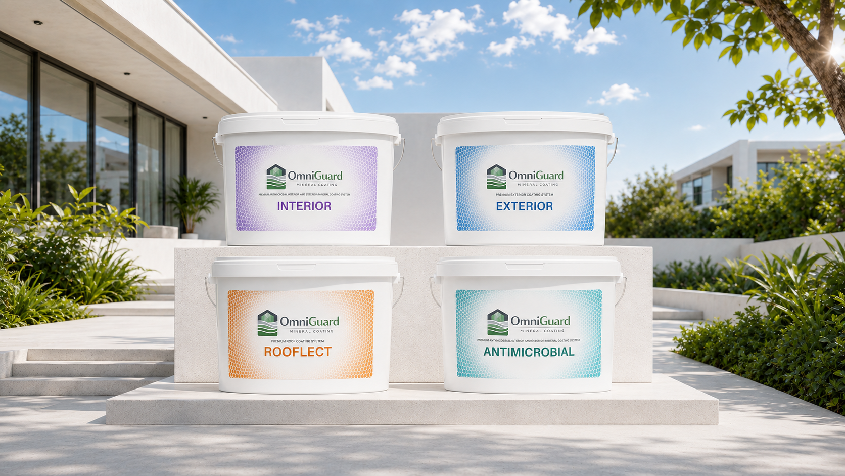 OmniGuard Interior, Exterior, Rooflect and Anti-Microbial coating buckets in an exterior setting